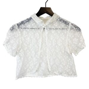 Gunne Sax Floral Lace Cardigan Peter Pan Collar Pearl Crop Bolero Top White